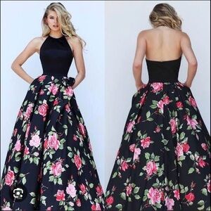 $550 Sherri Hill Size 6 Ball Gown Halter Prom Dress pockets black Red Rose 50333